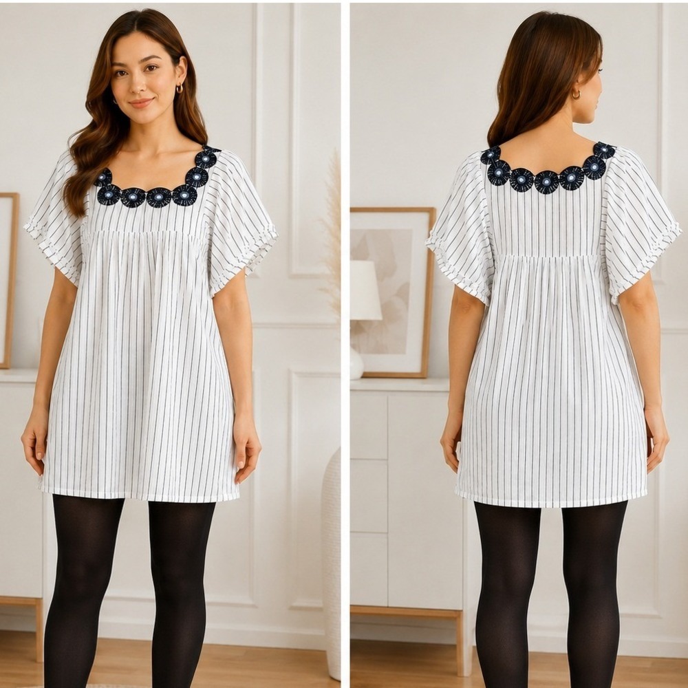 Madewell Mini Dress XXS White Striped Embroidered Boho Coastal Preppy Peasant